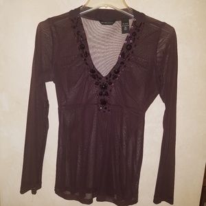 New York & Company Burgundy Mesh Top with Beading